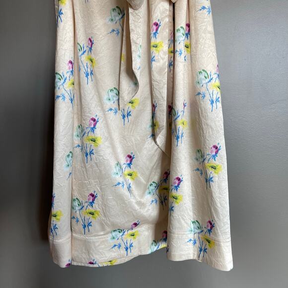 GANNI Floral Crinkle Wrap Dress In Yellow Size Medium Pink Blue Chic Sexy Wrap - Picture 13 of 16